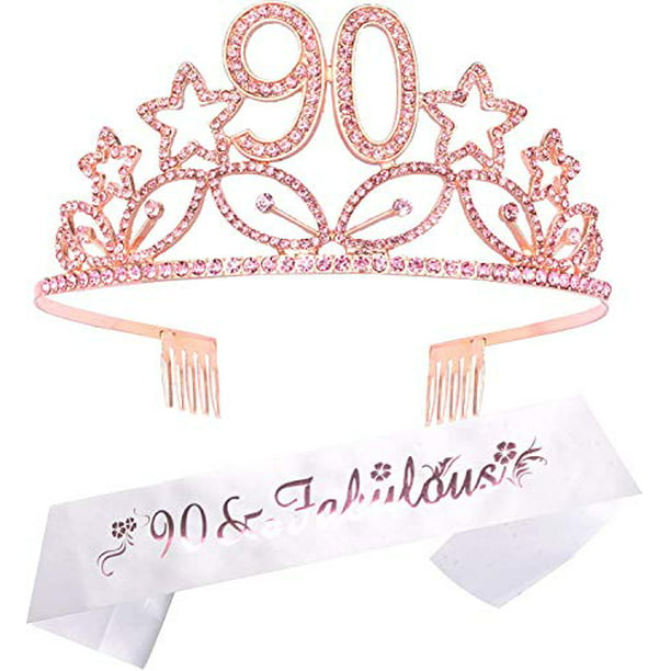 90 and Fabulous Pink Black Glitter Satin Sash and Crystal Tiara Birthday Crown for 90th Birthday Party Supplies and Decorations HAPPY 90th Birthday Party Supplies 90th Birthday Tiara and Sash Pink 